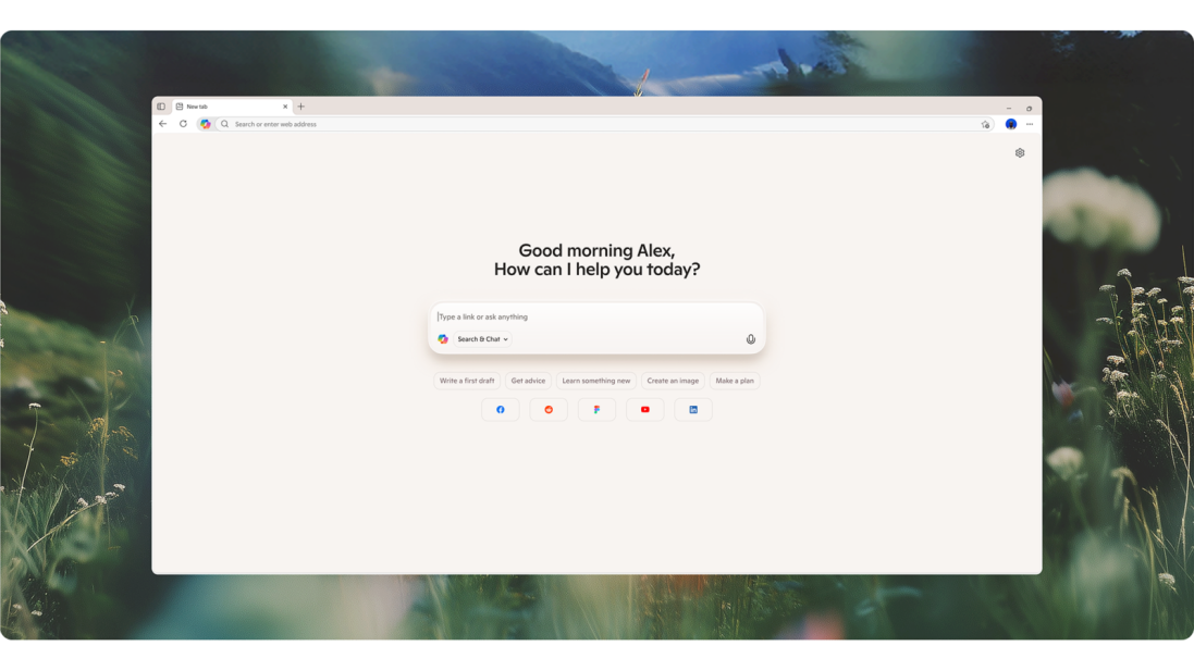 Screenshot of Microsoft Edge Copilot Mode new homepage interface with AI assistant prompt